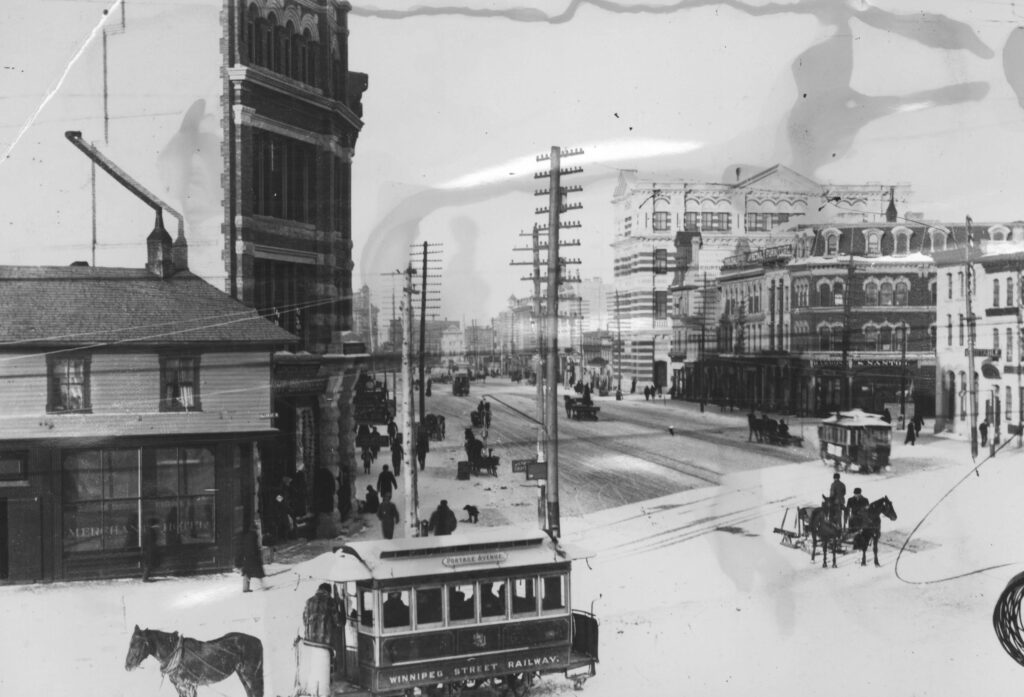 Winnipeg Street railway on Portage Ave in front of Merchants hotel circa 1896